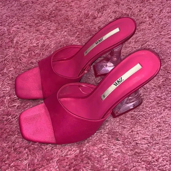 Zara Satin Heeled Methacrylate Mule Sandals Pink Size 8.5 - Picture 3 of 6